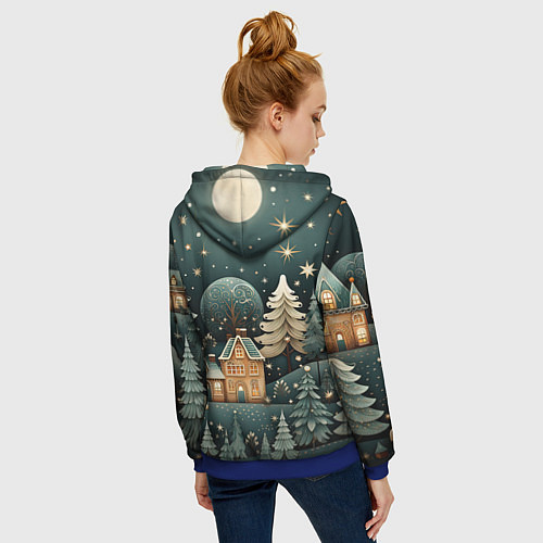 Женская толстовка на молнии Снежная деревня в праздничном наряде / 3D-Синий – фото 4