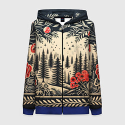 Женская толстовка на молнии Новогодний лес с узорами