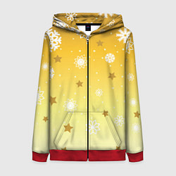 Толстовка на молнии женская Снежинки и звезды на желтом, цвет: 3D-красный