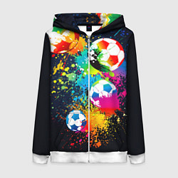 Толстовка на молнии женская Разноцветные футбольные мячи, цвет: 3D-белый
