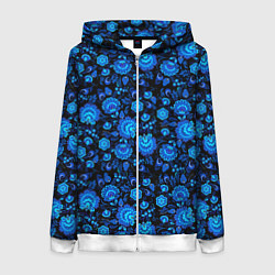 Толстовка на молнии женская Новогодняя гжельская роспись чёрный фон, цвет: 3D-белый