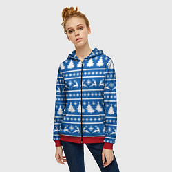 Толстовка на молнии женская Синий свитер с новогодними оленями, цвет: 3D-красный — фото 2