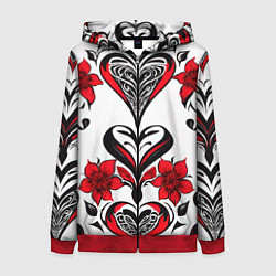 Толстовка на молнии женская Красный узор сердце, цвет: 3D-красный