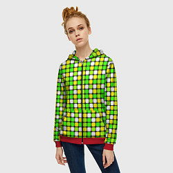 Толстовка на молнии женская Салатовые и белые квадраты, цвет: 3D-красный — фото 2