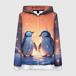 Толстовка на молнии женская Романтичная пара пингвинов, цвет: 3D-белый