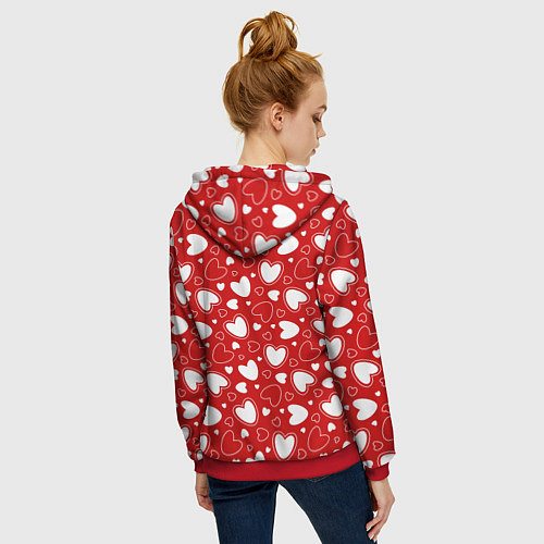 Женская толстовка на молнии Белые сердечки на красном фоне / 3D-Красный – фото 4