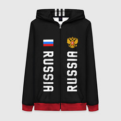 Толстовка на молнии женская Россия три полоски на черном фоне, цвет: 3D-красный