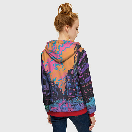 Женская толстовка на молнии Киберпанк город в стиле комиксов / 3D-Красный – фото 4