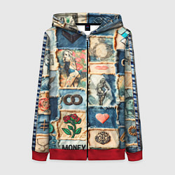 Женская толстовка на молнии Баксы и девушки на дениме - пэчворк