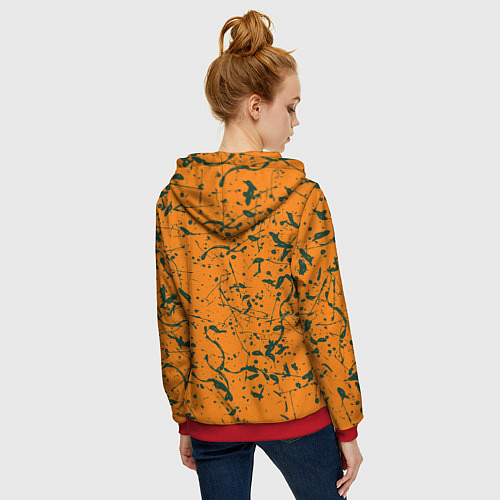 Женская толстовка на молнии Оранжевый с брызгами зеленой краски / 3D-Красный – фото 4