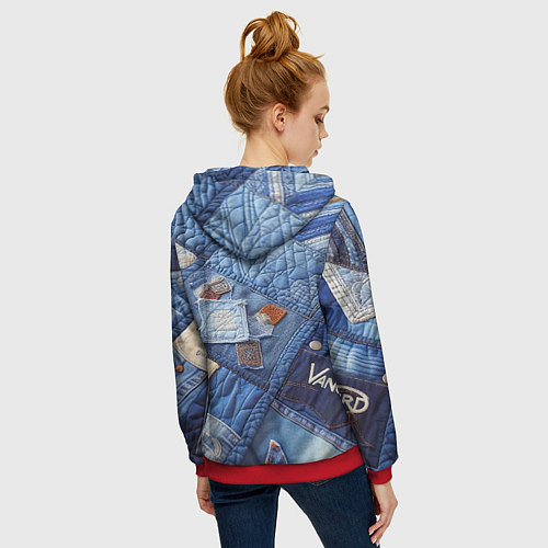 Женская толстовка на молнии Vanguard jeans patchwork - ai art / 3D-Красный – фото 4