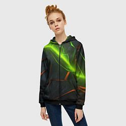 Толстовка на молнии женская Green neon abstract geometry, цвет: 3D-черный — фото 2