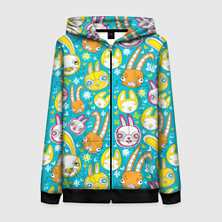 Толстовка на молнии женская Разноцветные зайцы, цвет: 3D-черный