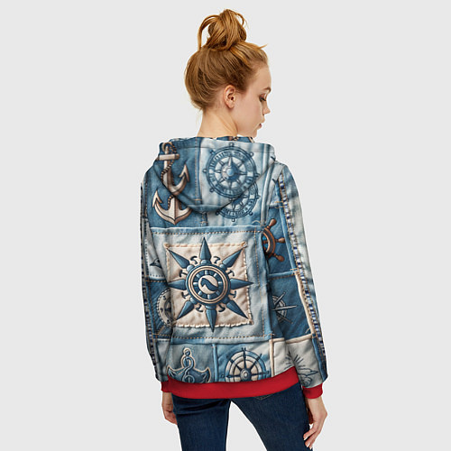 Женская толстовка на молнии Пэчворк с якорем - джинсовка моряка / 3D-Красный – фото 4
