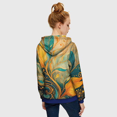 Женская толстовка на молнии Золотые и бирюзовые листья абстракция / 3D-Синий – фото 4