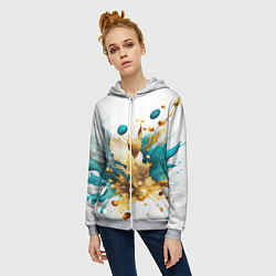 Толстовка на молнии женская Бирюзово голубая абстракция, брызги краски на бело, цвет: 3D-меланж — фото 2