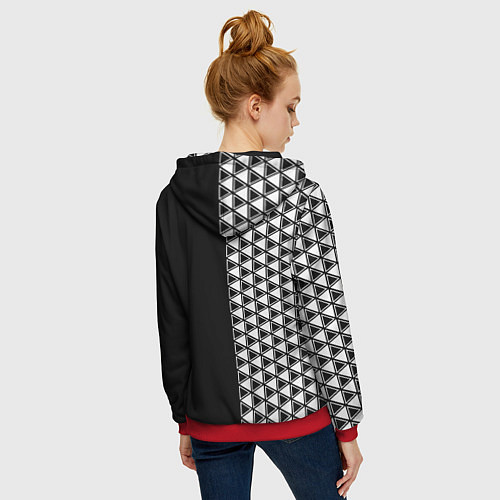 Женская толстовка на молнии Белые треугольники на чёрном фоне / 3D-Красный – фото 4