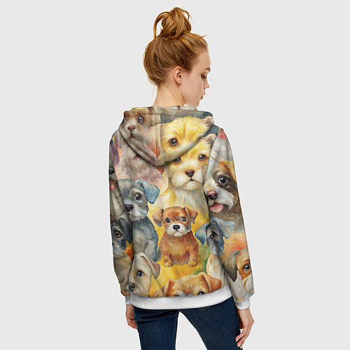 Женская толстовка на молнии Красочный паттерн с щенками / 3D-Белый – фото 4