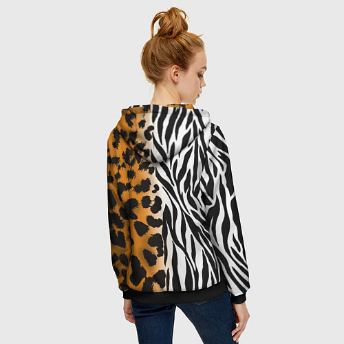 Женская толстовка на молнии Леопардовые пятна с полосками зебры / 3D-Черный – фото 4
