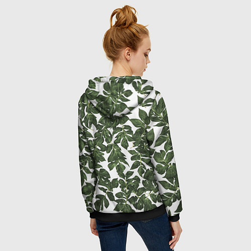 Женская толстовка на молнии Зеленые листочки на белом фоне / 3D-Черный – фото 4