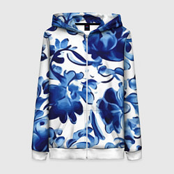 Толстовка на молнии женская Гжель акварель, цвет: 3D-белый