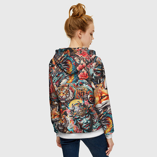 Женская толстовка на молнии Японская татуировка дракона тигра и самурая / 3D-Белый – фото 4
