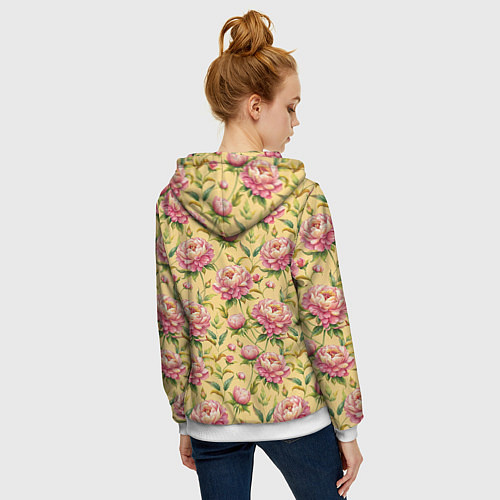 Женская толстовка на молнии Крупные пионы садовые цветы бутоны паттерн / 3D-Белый – фото 4