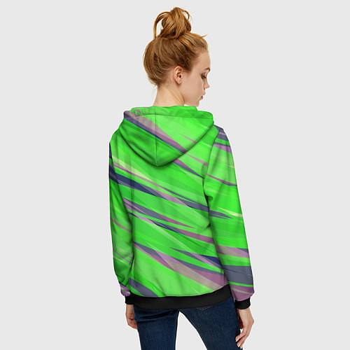 Женская толстовка на молнии Зелёный и фиолетовый абстрактные полосы / 3D-Черный – фото 4