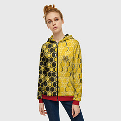 Толстовка на молнии женская Киберпанк соты шестиугольники жёлтый и чёрный с па, цвет: 3D-красный — фото 2