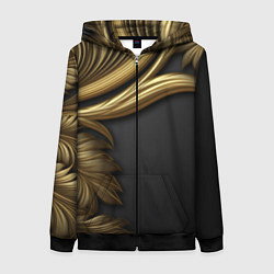 Толстовка на молнии женская Золотые объемные листья на черном, цвет: 3D-черный