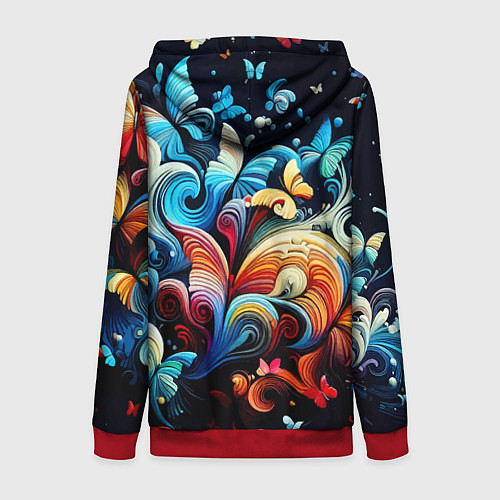 Женская толстовка на молнии Бабочки и цветы в ночи - фантазия / 3D-Красный – фото 2