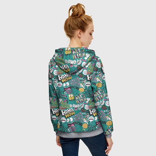 Женская толстовка на молнии Ха-ха ничего себе - паттерн с рожицами / 3D-Меланж – фото 4