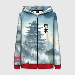 Толстовка на молнии женская Японская пагода в тумане - нейросеть, цвет: 3D-красный