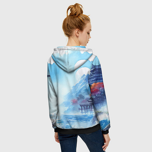 Женская толстовка на молнии Японский морской пейзаж - нейроарт / 3D-Черный – фото 4