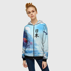 Толстовка на молнии женская Японский морской пейзаж - нейроарт, цвет: 3D-черный — фото 2