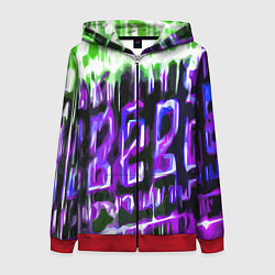 Женская толстовка на молнии Фиолетово-зелёная абстракция на чёрном фоне