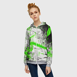Толстовка на молнии женская Бело-зелёная абстракция на чёрном фоне, цвет: 3D-меланж — фото 2