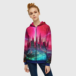 Толстовка на молнии женская Неоновая гроза в мегаполисе - удар молнии, цвет: 3D-синий — фото 2