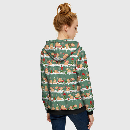 Женская толстовка на молнии Много капибар на Новый год и Рождество / 3D-Черный – фото 4