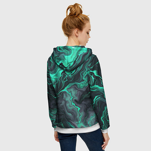 Женская толстовка на молнии Бирюзовый мрамор на черном фоне / 3D-Белый – фото 4