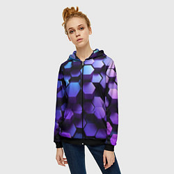 Толстовка на молнии женская Абстрактные трехмерные фиолетовые гексагоны, цвет: 3D-черный — фото 2