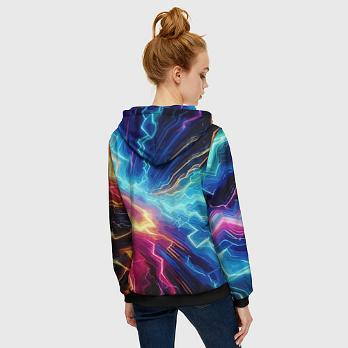 Женская толстовка на молнии Разряд неоновых молний - нейроарт / 3D-Черный – фото 4