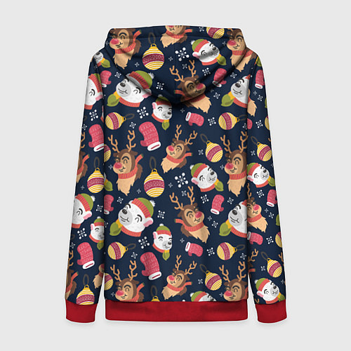 Женская толстовка на молнии Новогодний детский паттерн с животными / 3D-Красный – фото 2