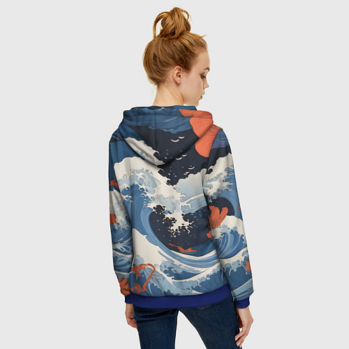 Женская толстовка на молнии Япония волны алые цветы / 3D-Синий – фото 4