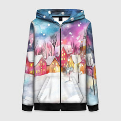 Толстовка на молнии женская Новогодний ночной дворик, цвет: 3D-черный