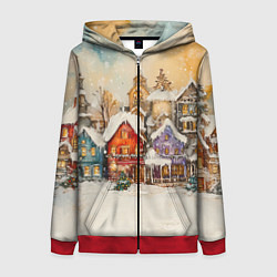Толстовка на молнии женская Новогодний городской пейзаж, цвет: 3D-красный