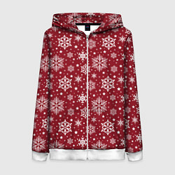 Женская толстовка на молнии Новогодний узор - белые снежинки на красном фоне