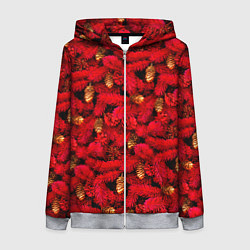 Толстовка на молнии женская Красная елка с золотыми шишками, цвет: 3D-меланж
