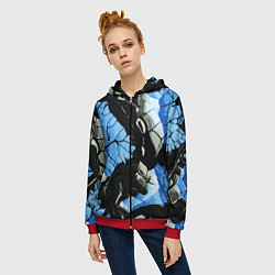 Толстовка на молнии женская Чёрные линии на чёрно-синем фоне, цвет: 3D-красный — фото 2
