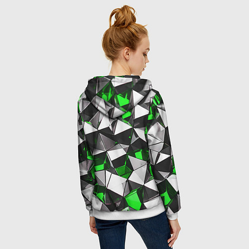 Женская толстовка на молнии Зелёно-белые рельефные треугольники на чёрном фоне / 3D-Белый – фото 4